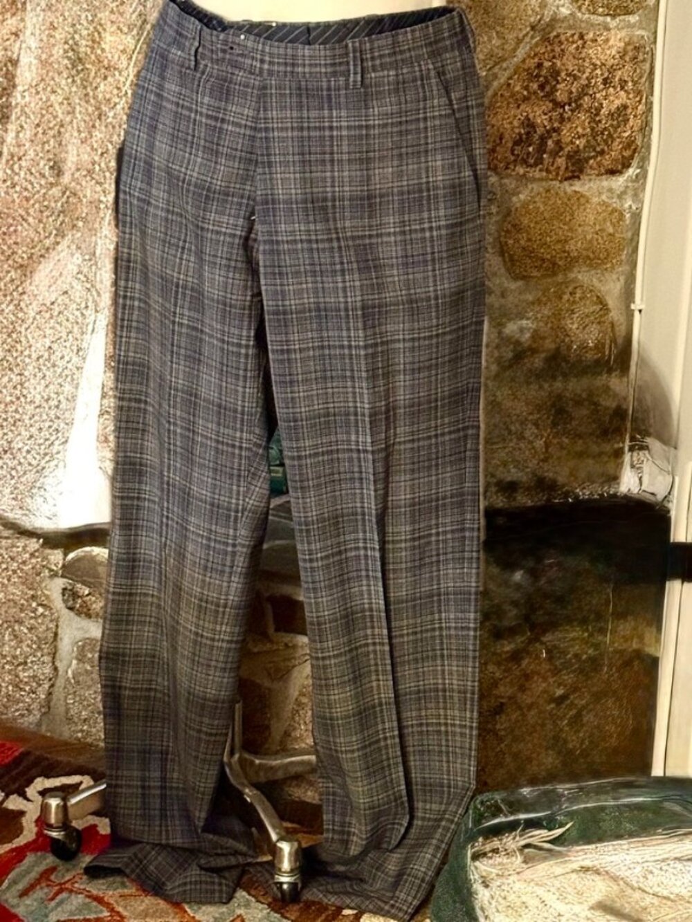 John Varvatos USA Gray Plaid Wool Linen Dress Pants Men's 34R Tailored Flat Fron